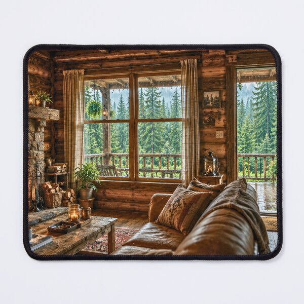 Item preview, Cozy Cabin Interior After the Rain | Forest View Fireplace Retreat | Cinematic Woodland Escape designed and sold by Inkmatic Studio.