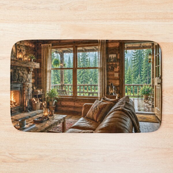 Item preview, Cozy Cabin Interior After the Rain | Forest View Fireplace Retreat | Cinematic Woodland Escape designed and sold by Inkmatic Studio.