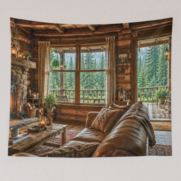 Item preview, Cozy Cabin Interior After the Rain | Forest View Fireplace Retreat | Cinematic Woodland Escape designed and sold by Inkmatic Studio.