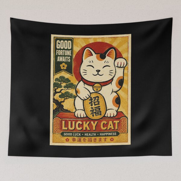 Item preview, Vintage Lucky Cat Poster With Retro Fortune Charm designed and sold by eliramaison.