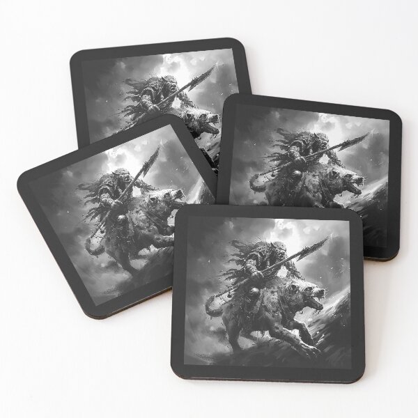 Item preview, Black and White Wolf Rider Warrior Dark Fantasy Art designed and sold by inkoutninja.