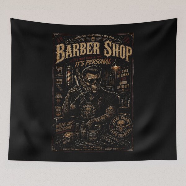 Item preview, Vintage Skull Barber Shop With Dark Old School Vibes designed and sold by Modaozushi216.
