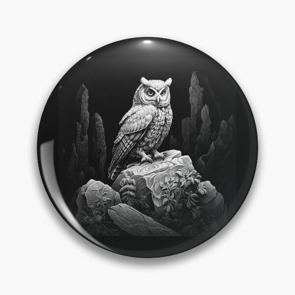 Item preview, Black and White Owl on Rocks Nocturnal Wildlife Art designed and sold by inkoutninja.