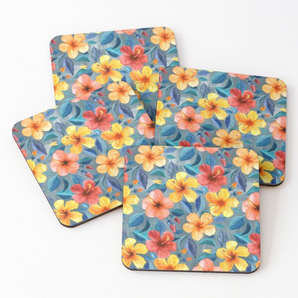 Item preview, Colorful Watercolor Hibiscus on Grey Blue designed and sold by micklyn.