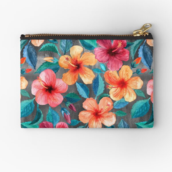 Colorful Watercolor Hibiscus on Dark Charcoal Zipper Pouch