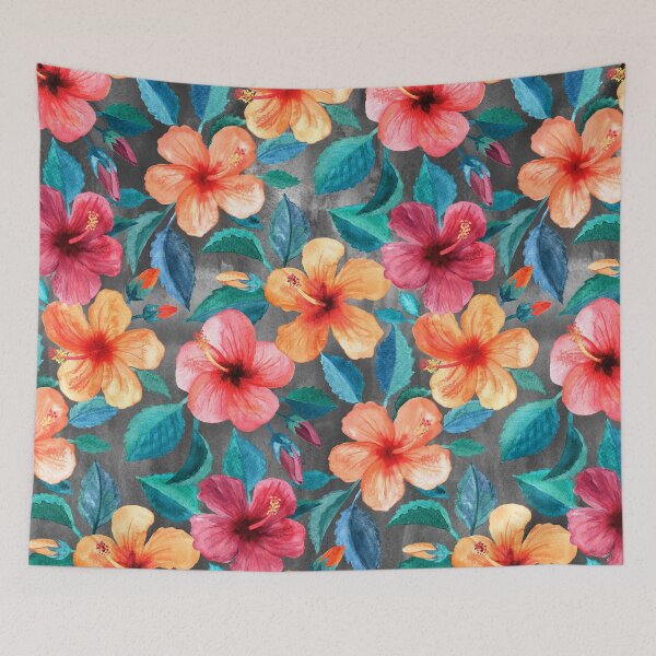 Item preview, Colorful Watercolor Hibiscus on Dark Charcoal designed and sold by micklyn.