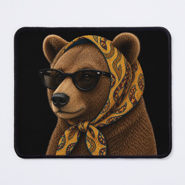 Item preview, Fashion Brown Bear Embroidery Art, Bear with Sunglasses, Vintage Headscarf Animal Portrait designed and sold by ColorSplash123.