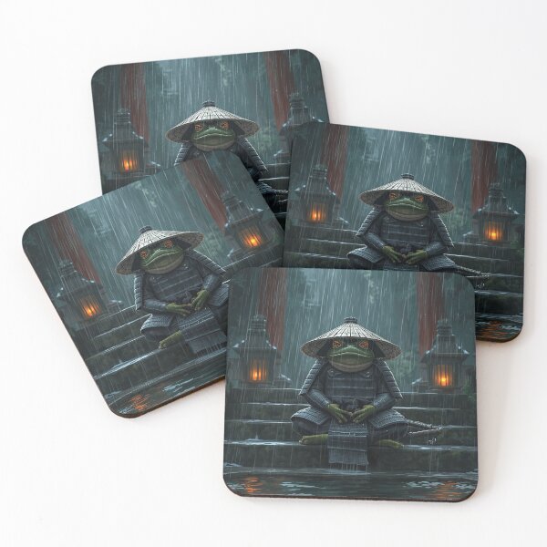 Item preview, Rainy Shrine Samurai Frog — Japanese Stoic Dark Art Print designed and sold by Tokyo Neo Noir Collective .