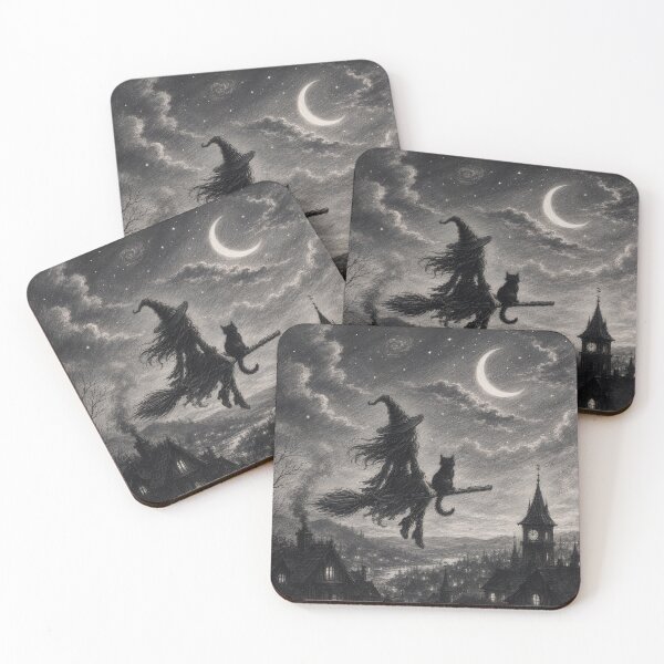 Item preview, Moonlit Witch & Black Cat Pencil Art. designed and sold by HorrorInkStudio.
