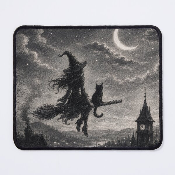 Item preview, Moonlit Witch & Black Cat Pencil Art. designed and sold by HorrorInkStudio.