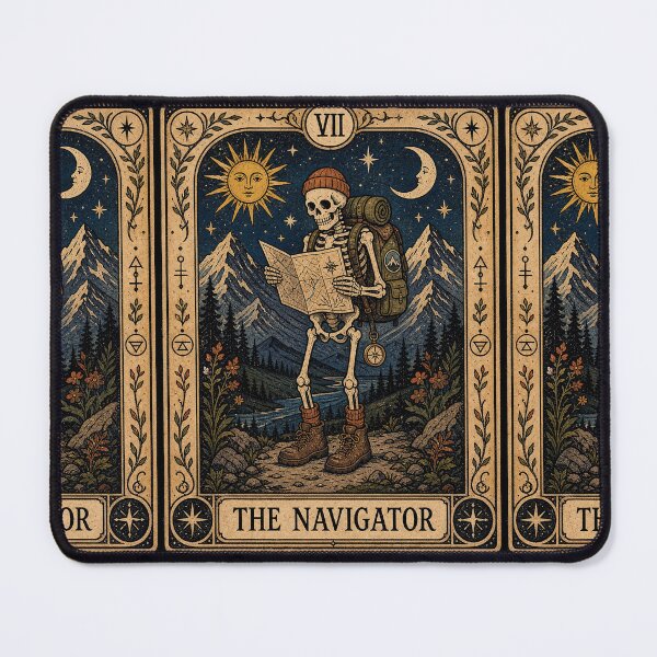 Item preview, The Navigator Hiking Tarot Art - Skeleton Backpacker Mountain Camper designed and sold by merchxwear.