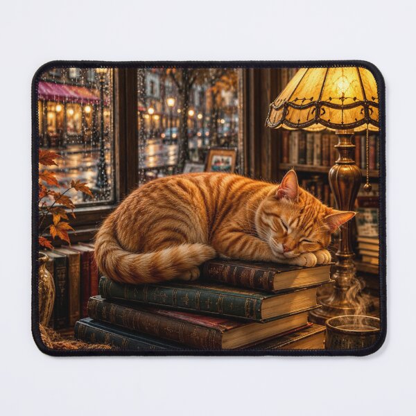 Item preview, Cozy Cat on Bookstack with Rainy Window. designed and sold by jeugenet.