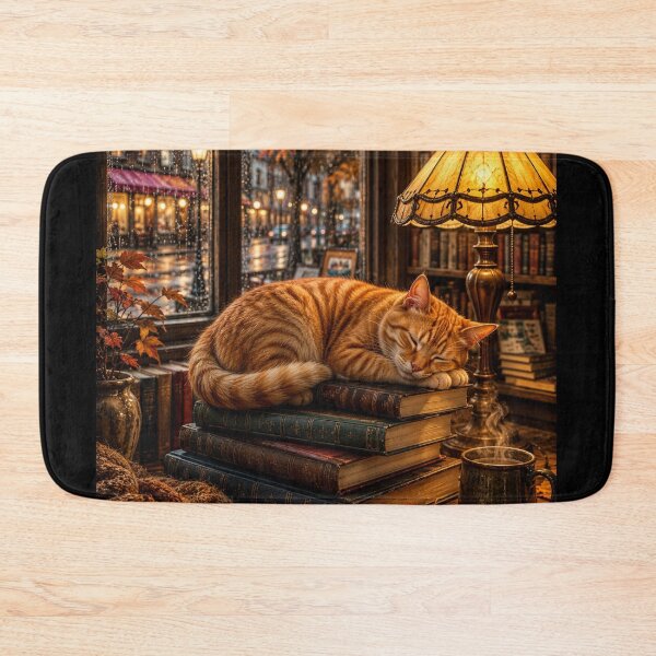 Item preview, Cozy Cat on Bookstack with Rainy Window. designed and sold by jeugenet.