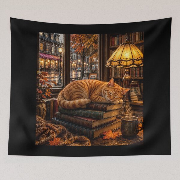Item preview, Cozy Cat on Bookstack with Rainy Window. designed and sold by jeugenet.