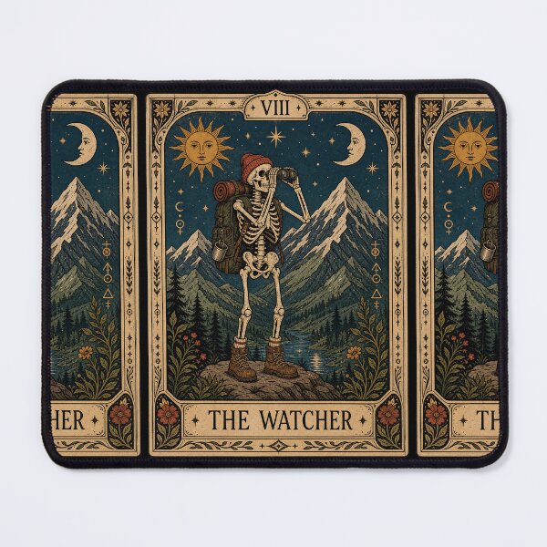 Item preview, Mountain Watcher Hiking Tarot Art - Skeleton Backpacker Mountain Camper designed and sold by merchxwear.
