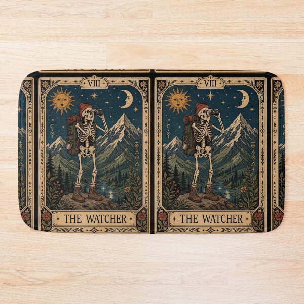 Item preview, Mountain Watcher Hiking Tarot Art - Skeleton Backpacker Mountain Camper designed and sold by merchxwear.