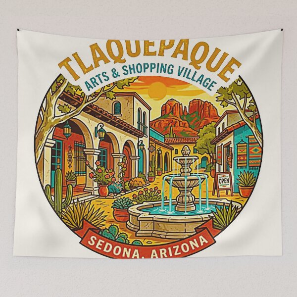 Item preview, Vintage Tlaquepaque Arts and Shopping Village Sedona Arizona Retro Badge designed and sold by MT-Hub | Cute Aesthetic Art, Stickers & Phone Cases.