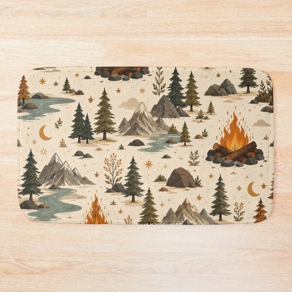 Item preview, Rustic Camping Pattern | Campfire, Forest, Mountains & River Seamless Nature Design designed and sold by Inkmatic Studio.