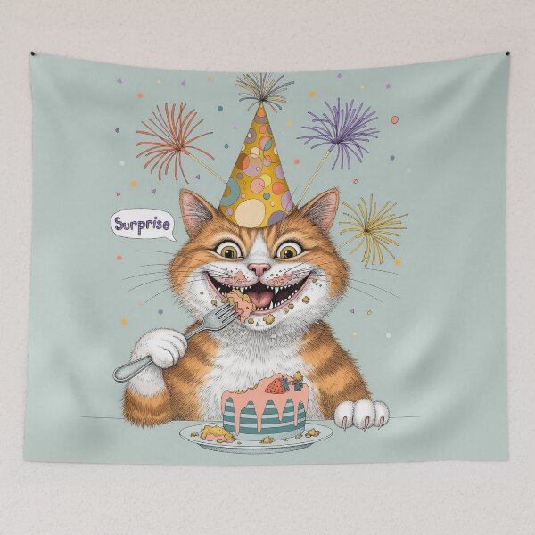 Item preview, Happy Birthday Cat | Fun Retro Arcade Carpet Cute Birthday Card Art designed and sold by Ruta.