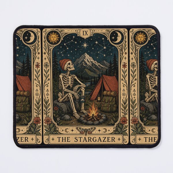 Item preview, Stargazing Camping Hiking Tarot Art - Skeleton Backpacker Mountain Camper designed and sold by merchxwear.