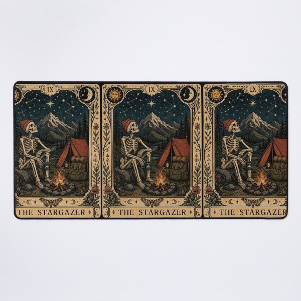Item preview, Stargazing Camping Hiking Tarot Art - Skeleton Backpacker Mountain Camper designed and sold by merchxwear.