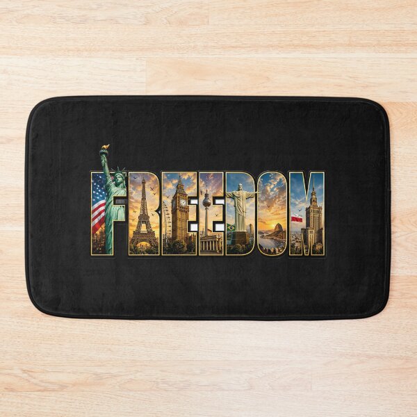 Item preview, FREEDOM Typography with World Landmarks | Statue of Liberty, Eiffel Tower & Palace of Culture designed and sold by Les-Ink-Studio.