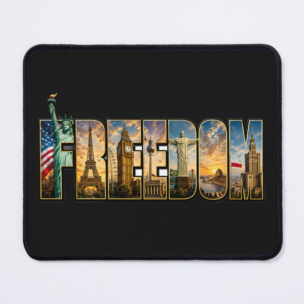 Item preview, FREEDOM Typography with World Landmarks | Statue of Liberty, Eiffel Tower & Palace of Culture designed and sold by Les-Ink-Studio.