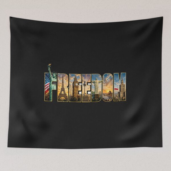 Item preview, FREEDOM Typography with World Landmarks | Statue of Liberty, Eiffel Tower & Palace of Culture designed and sold by Les-Ink-Studio.