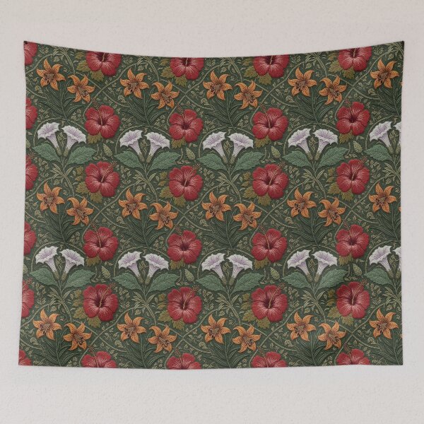 Item preview, Red Hibiscus Orange Lilies & Trumpet Flowers Vintage Embroidery Pattern designed and sold by Ruta.