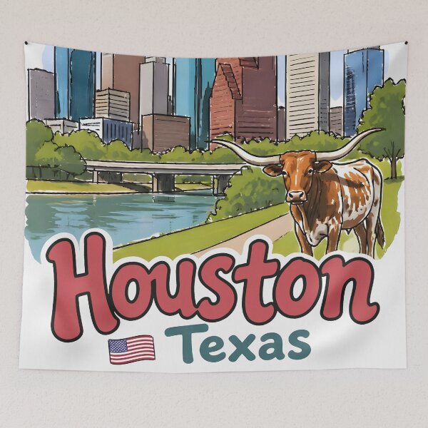 Item preview, Houston Texas  Cute Skyline Colorful Cityscape Longhorn Flag  designed and sold by HowToCanadian.