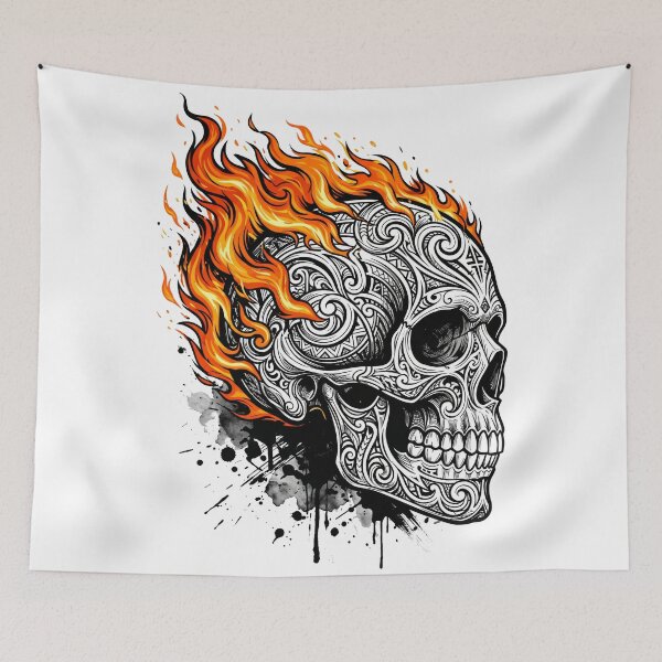 Item preview, Flaming Tribal Skull Graphic - Intricate Filigree Tattoo Art designed and sold by seven things shop.