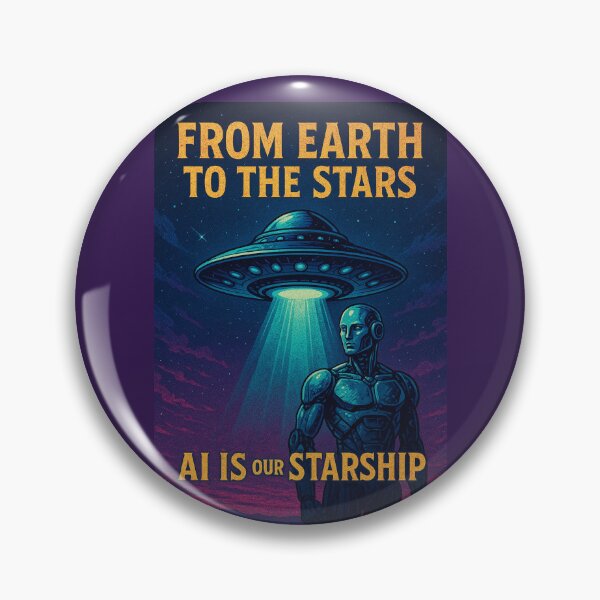 Item preview, From Earth to the Stars – AI Is Our Starship | Retro Sci-Fi UFO & Robot Art designed and sold by OrbitOfMind.
