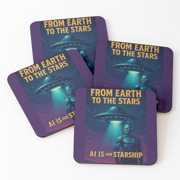 Item preview, From Earth to the Stars – AI Is Our Starship | Retro Sci-Fi UFO & Robot Art designed and sold by OrbitOfMind.