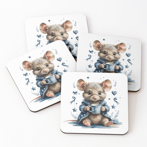 Item preview, Whimsical Watercolor Mouse Drinking Tea Blue Winter Coat designed and sold by AQUILAKREO.