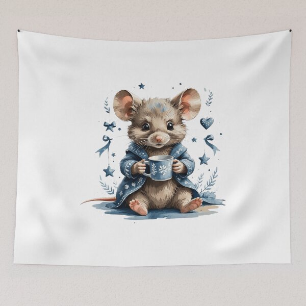 Item preview, Whimsical Watercolor Mouse Drinking Tea Blue Winter Coat designed and sold by AQUILAKREO.