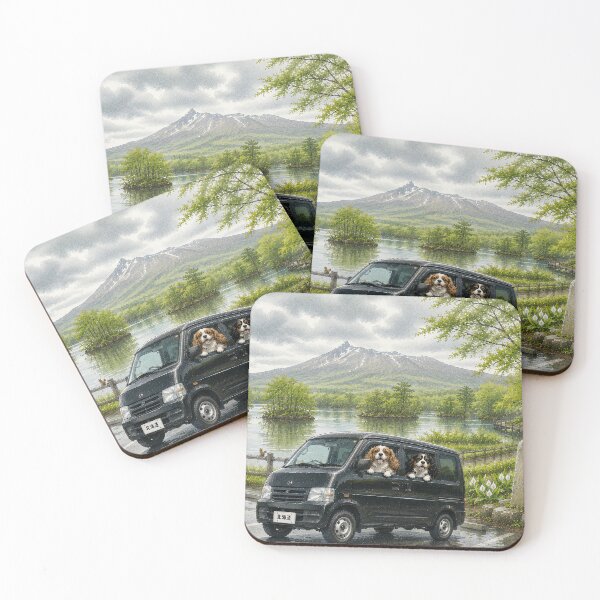 Item preview, Cavalier King Charles Spaniel Lakeside Road Trip – Choco and Milk at Onuma Park Hokkaido Watercolor Art designed and sold by SakuraWaStyle.
