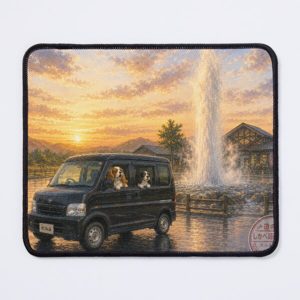 Item preview, Cavalier King Charles Spaniel Fountain Road Trip – Choco and Milk at Roadside Station Nanae Hokkaido Watercolor Art designed and sold by SakuraWaStyle.