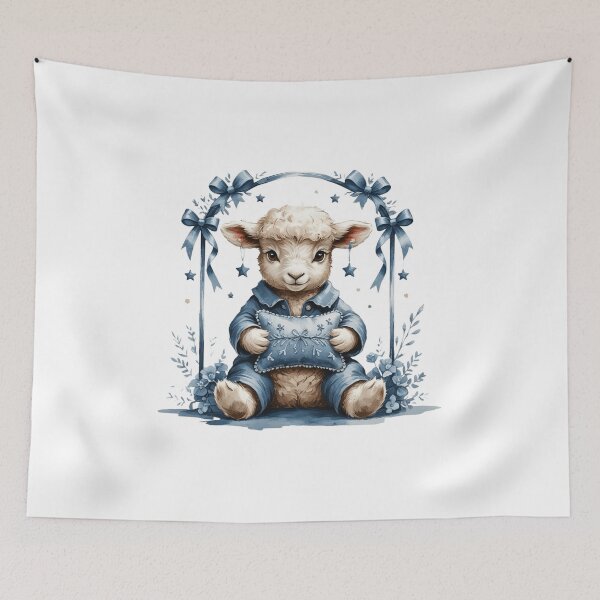 Item preview, Vintage Watercolor Baby Lamb Blue Starry Pillow Nursery Art designed and sold by AQUILAKREO.