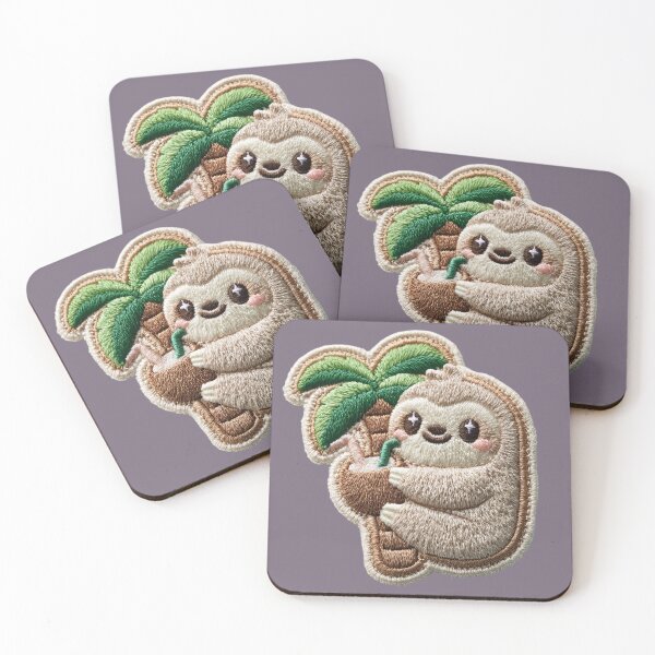 Item preview, Cute Embroidered Sloth with Coconut Drink Patch designed and sold by MegaNovaArt.