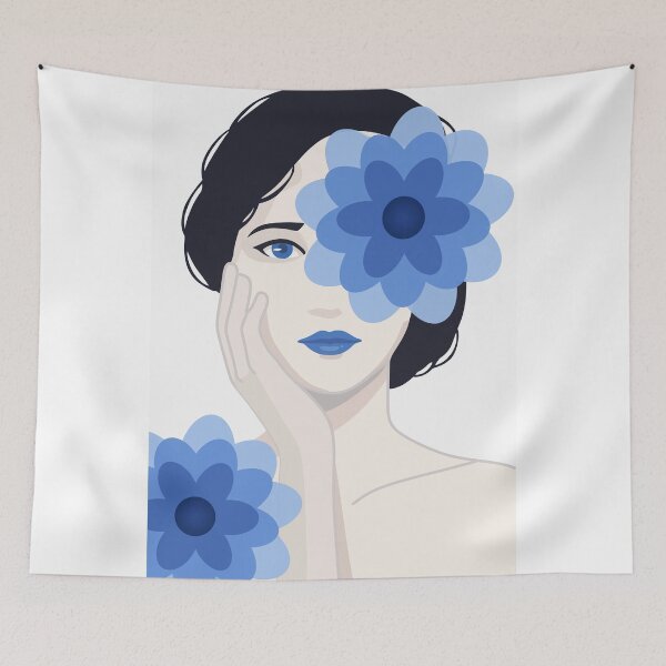 Item preview, Minimalist Woman Portrait Art, Blue Floral Decor designed and sold by Studio pod Burom.