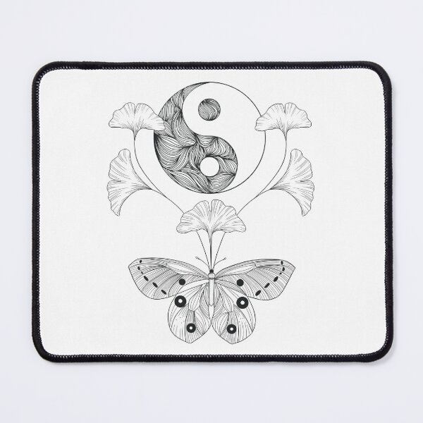 Item preview, Surrealist drawing with ginko leaves, a butterfly and yingyang symbol designed and sold by ArtedeSer.
