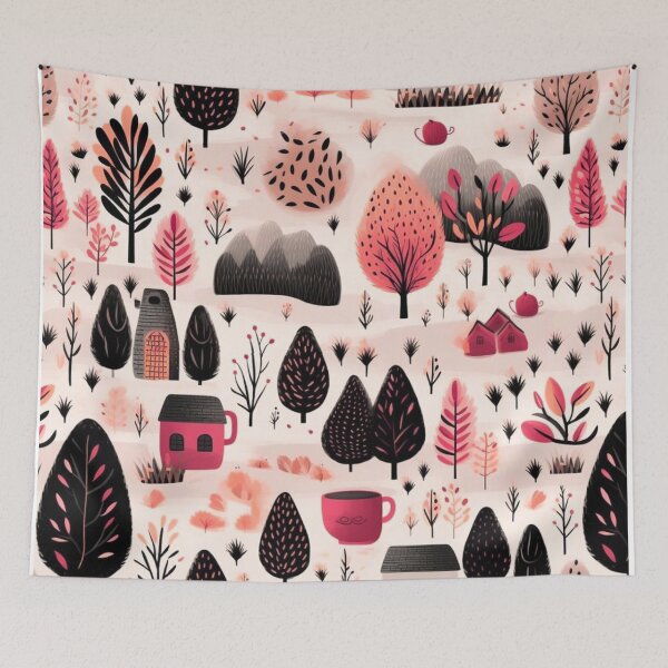 Item preview, Cozy Hygge Forest with Cute Houses and Coffee Mugs Seamless Pattern designed and sold by LYAN-STORE.