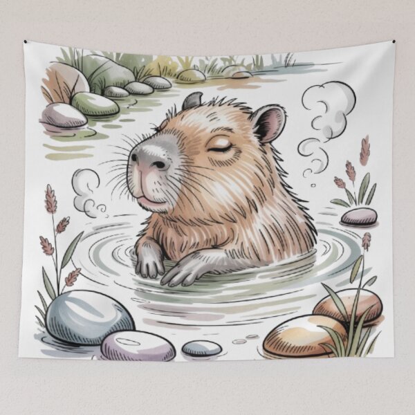 Item preview, Relaxing Capybara in a Hot Spring, Watercolor on a Black Background designed and sold by SharpAura25.