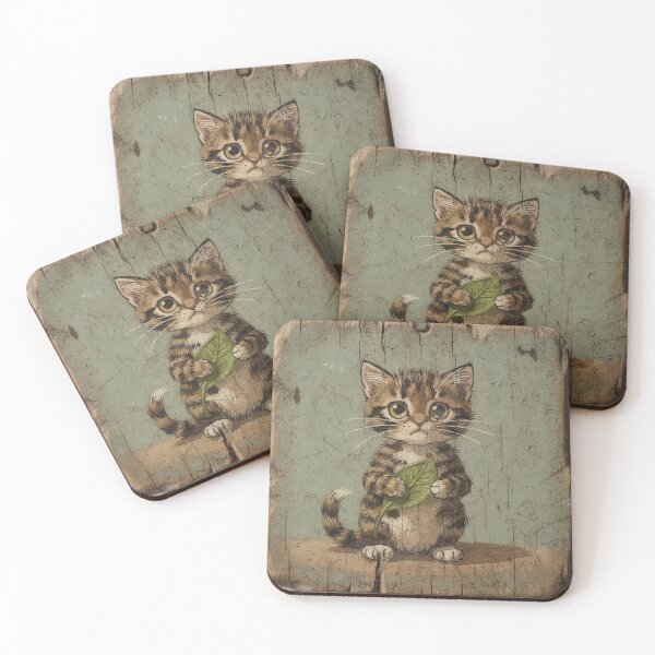 Item preview, Worried Tortoiseshell Kitten with a Leaf Folk Art designed and sold by PictorialWhimsy.