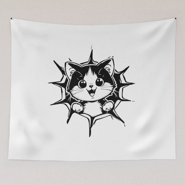 Item preview, Cute Cartoon Kitten Bursting Through Cracked Wall Black and White Design designed and sold by Kavya Art.