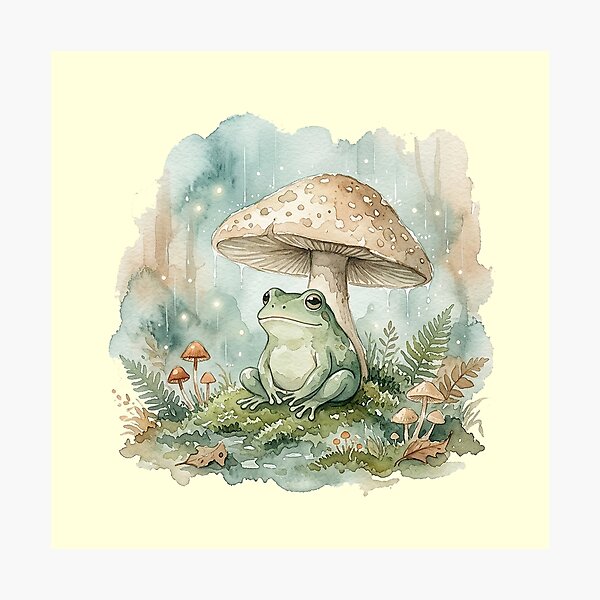 Item preview, Cozy Rainy Day Frog Under Mushroom Shelter designed and sold by GrabaHuk.