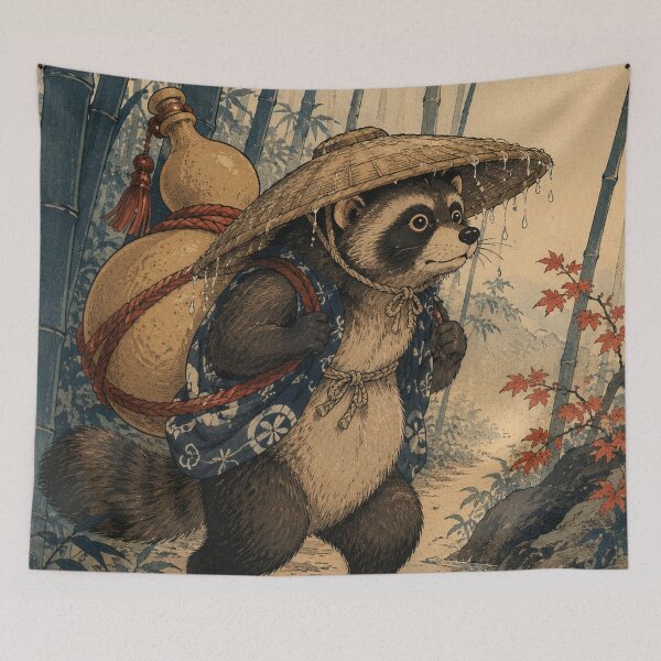 Item preview, Gourd Traveler - Vintage Japanese Tanuki Ukiyo-e Woodblock designed and sold by bapupa.