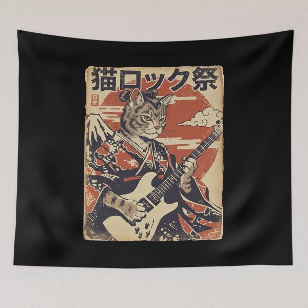 Item preview, Samurai Cat Playing Guitar Vintage Japanese  designed and sold by Hedoraxe.