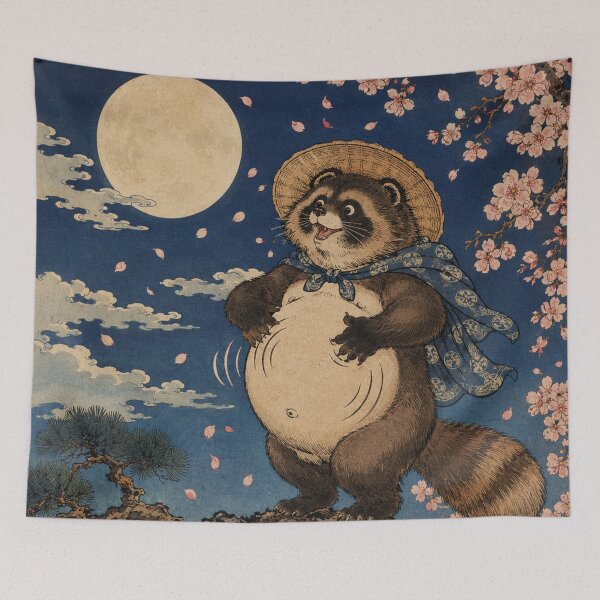 Item preview, Moonlight Drummer - Vintage Japanese Tanuki Ukiyo-e Woodblock designed and sold by bapupa.