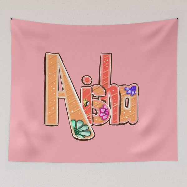Item preview, Aisha popular girls name woman women’s first name in orange with flowers and bee  calligraphy Aisha designed and sold by Artonmytee.
